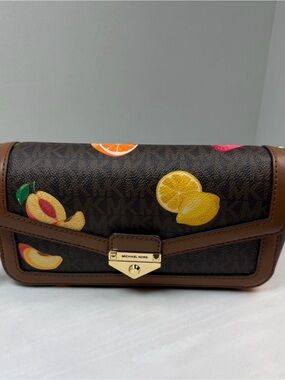Michael Kors Soho Women Small Printed MK Logo Crossbody Bag Brown Fruits New Nwt